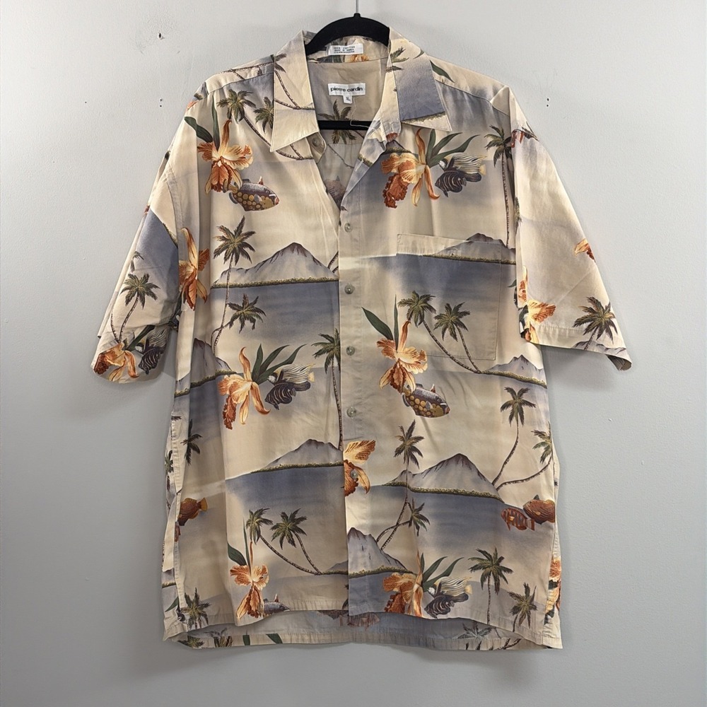 Vintage Pierre Cardin Men XL Hawaiian Aloha Fish Shirt Resort Vacation 100% Cot